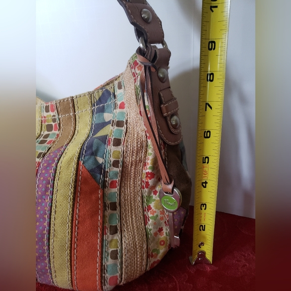 Fossil Leather Patchwork Fabric Handbag Shoulder Bag READ DESCRIPTION - Picture 2 of 10